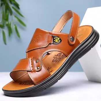 2025 summer new beach shoes men s leather casual slippers men s middle-aged wear platform cowhide sandals 38