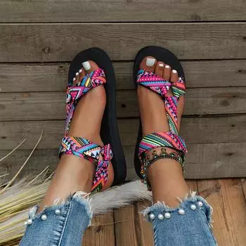 2025 summer new beach shoes Velcro bow large size women s shoes flat shoes sandals women 36 разноцветный