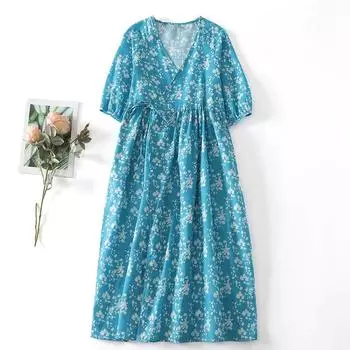 2025 summer new blue background white ice flower printing medium and long dress women s lace-up waist V-neck five-quarter sleeve long dress M