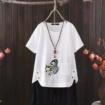 2025 Summer New Butterfly Print V-neck Cotton Hemp Women s T-shirt - Light & Fashionable S белый