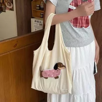 2025 Summer New Canvas Bag Satchel One Shoulder Canvas Bag Large Capacity Student Work Clothing Japanese and Korean Style Tote Bag Pink Dog