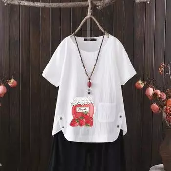 2025 Summer New Cartoon Can Print V-neck Cotton Hemp Women s T-shirt - Light & Fashionable S белый