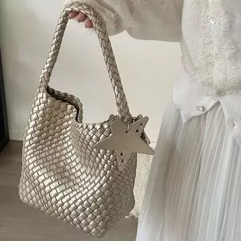 2025 Summer New Champagne Gold Small Version Woven Bag Women Lazy Relaxed Feeling Portable Shoulder Tote Small Bag Champagne
