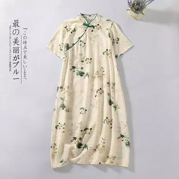 2025 summer new Chinese-style improved cheongsam women s stand-up collar short-sleeved diagonal placket medium and long printed cotton and linen dress M