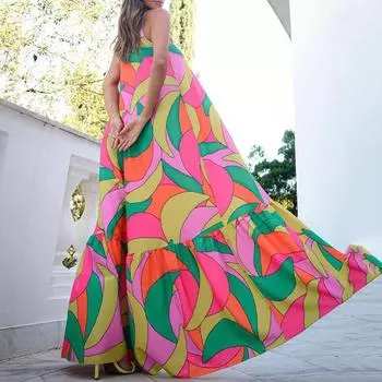 2025 summer new commuter French dress deep V-neck halter suspender print dress S