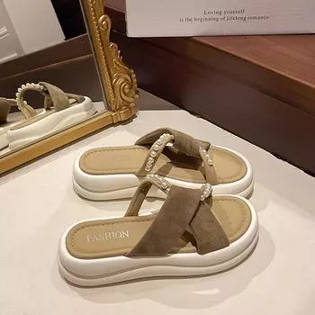 2025 summer new cool slippers female with skirt fairy wind beaded thick bottom cross beach word fashion slippers 35 хаки