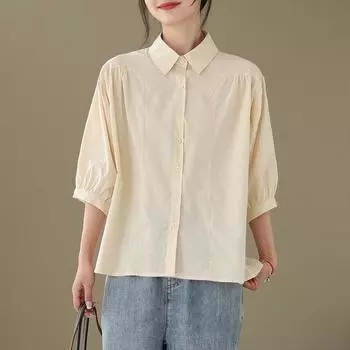 2025 summer new cool thin cotton and linen French solid color shirt women s Polo collar five-quarter sleeve single-breasted top M абрикосовый