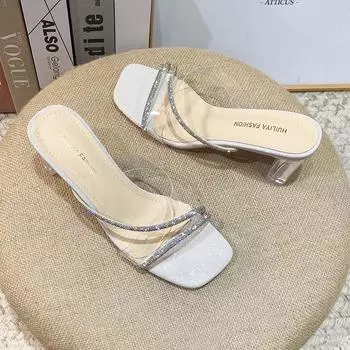 2025 summer new crystal heel French open-toed sandals slippers women s outer wear square head thick heel cool slippers X188-3 35 чёрный
