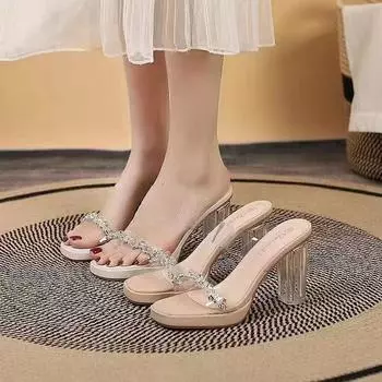 2025 summer new double strip open toe transparent thick heel cool slippers women s rhinestone platform fashion gentle high heels 35
