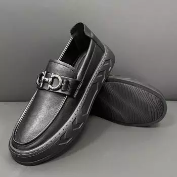 2025 summer new Doudou shoes men s soft-soled driving casual shoes British fashion foot leather shoes Korean version trendy shoes men 38 чёрный