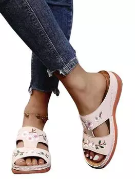 2025 summer new embroidered slippers women s independent station wish hollow flower embroidery open-toed sewing wedge heel slippers 35 красный