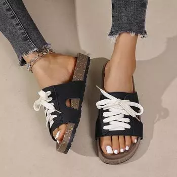 2025 summer new European and American fashion outer wear open-toe lace-up non-slip casual one-pedal cool slippers women 36 чёрный