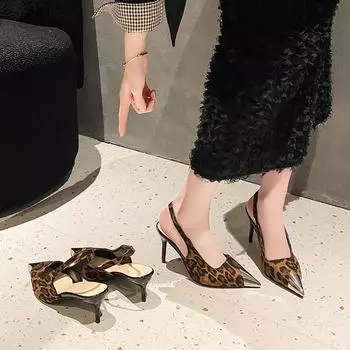 2025 summer new European and American large size pointed rear empty one-word sleeve with leopard print women s fine high-heeled sandals 34