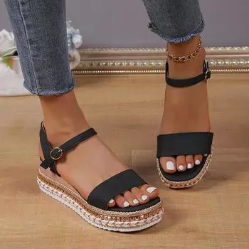 2025 summer new European and American muffin open-toed sandals one-word buckle with high heels women s fashion platform wedge heel women s shoes 36 чёрный