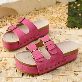 2025 summer new European and American style round head large size rivet women s one-word buckle muffin thick bottom women s slippers 36 розы красного