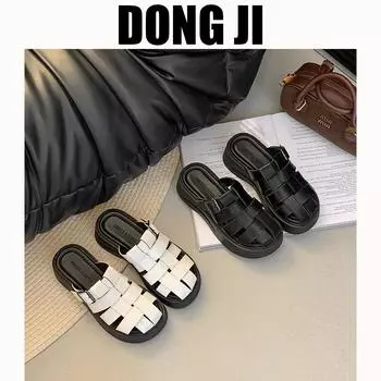 2025 summer new European flat-bottomed temperament sandals women s baotou casual half-drag woven sequins beige versatile students 35 чёрный