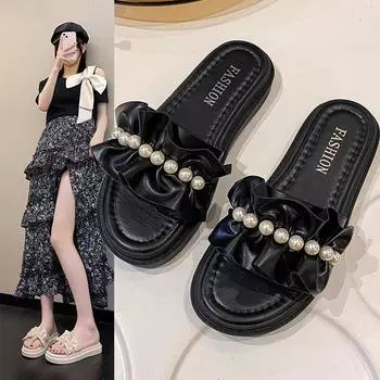 2025 summer new fairy style pearl slippers women wear thick bottom one-word drag versatile beach sandals with skirt 35