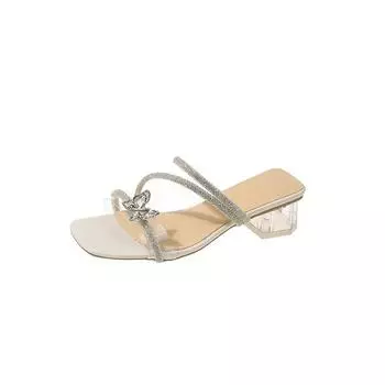 2025 summer new fairy wind butterfly accessories one-character crystal square heel versatile fashion cool slippers 35