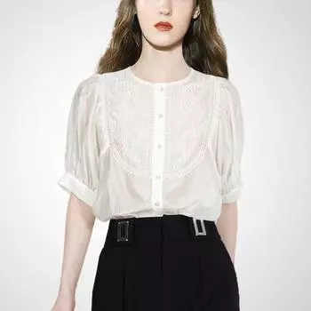 2025 Summer New Fashion Commuter Sense of Design Shirt European and American Women s Clothing Five-Quarter Sleeve Thin Slim Fit Slimming Top White M