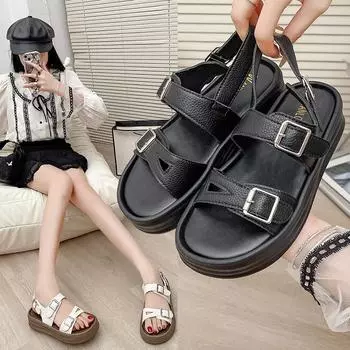 2025 summer new fashion open-toed sandals women s one-word buckle with thick sole simple solid color beach sandals 35 чёрный