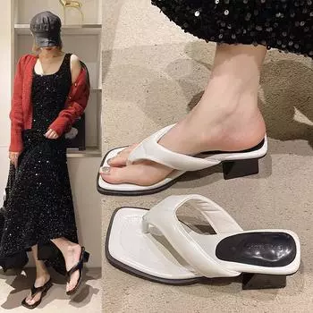 2025 summer new fashion outer wear square toe flip-flops thick heel cool slippers medium heel temperament premium sandals 35 чёрный