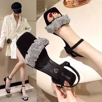 2025 summer new fashion sandals women s high heel thick heel fashion versatile one-word buckle square head medium heel women s sandals 35