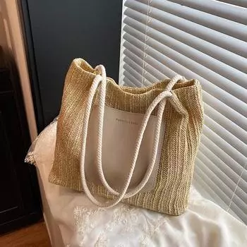 2025 summer new fashion woven shoulder bag large capacity shopping bag beach bag simple retro tote bag белый