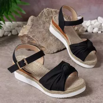 2025 summer new fish mouth large size bow one-word buckle wedge heel thick sole casual large size women s sandals 36 чёрный