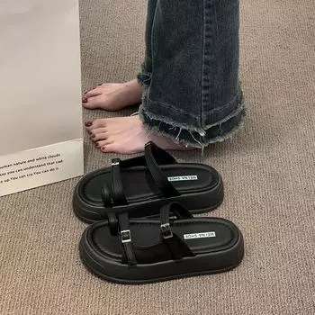 2025 summer new flat-bottomed thick-soled sandals women s outdoor toe cool one-word slippers beach shoes candy color tide 35