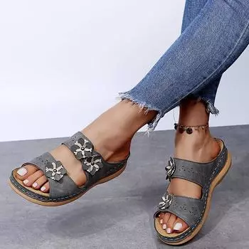 2025 summer new flower sewing line solid color light mouth round head casual fashion women s wedge heel large size sandals 35