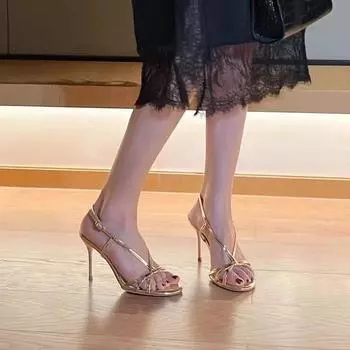 2025 summer new French high heels women s thin heel tide with word belt hollow solid color open-toed fashion sandals 35