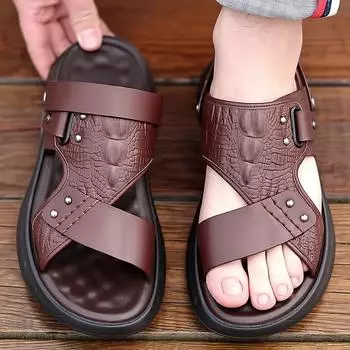 2025 Summer New Genuine Leather Non-Slip Sandals Men s Black Brown Soft Bottom Slippers Dual-Purpose Sandal Men Platform Sandals 38 чёрный