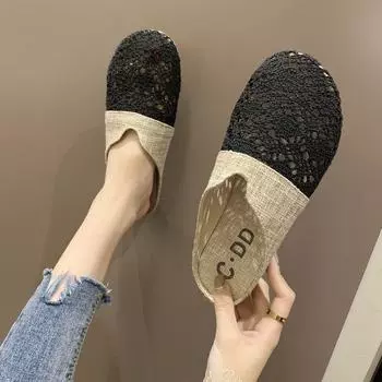 2025 summer new half slippers women s flat-bottomed straw fisherman shoes lace bag head Mori women s style sandals wear lazy shoes 35 чёрный