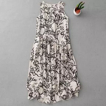 2025 summer new high-end printed sleeveless vest skirt women s loose age-reducing thin round neck dress M