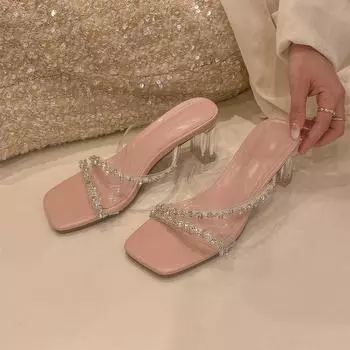 2025 summer new high-heeled cool slippers French temperament fairy wind female outer wear with skirt crystal thick heel slippers 35 серебряный
