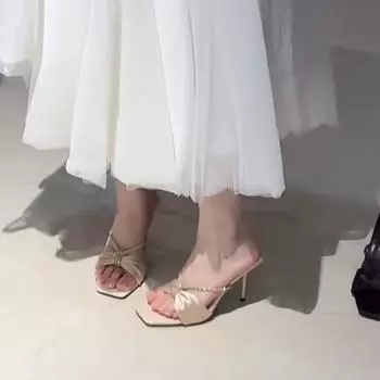 2025 summer new high-heeled cool slippers purple satin rhinestones with sandals women s bow open-toed outer wear 35