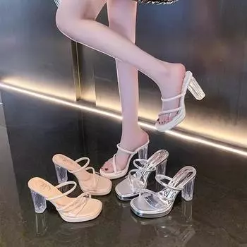 2025 summer new high heels women s transparent sandals with thick heels and crystal heels cool slippers 35