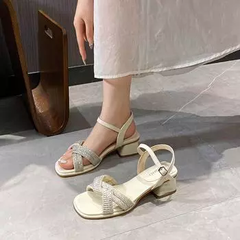 2025 summer new hot diamond cross strap fairy sandals fairy shoes low heel open toe sandals women s shoes with skirt beauty 34 абрикосовый