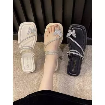 2025 summer new ins Korean version bow sandals female flat-bottomed fairy rhinestone toe cool slippers female outer wear 35