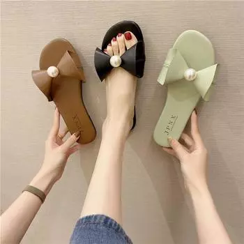 2025 summer new Internet celebrities Korean version open-toed pearl bow slippers flat-bottomed sweet beach shoes 35 белый