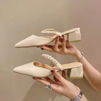 2025 summer new Internet celebrity pearl half slippers bag head sandals high heeled slippers women s fashion thick heel pointed 35