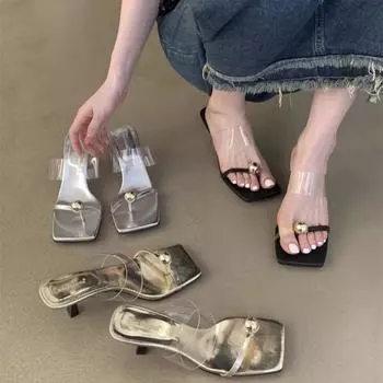 2025 summer new Internet celebrity sandals cover toe high heel metal ball versatile transparent one-word toe one-word stiletto slippers 35 серебряный