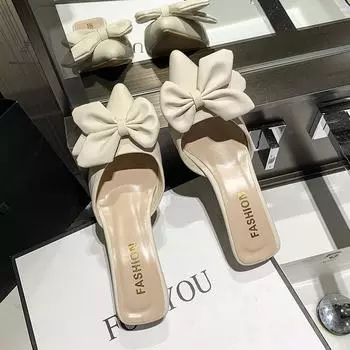 2025 summer new Korean version half slippers bag head high heel cool slippers women s fashion thin heel bow pointed 35 чёрный