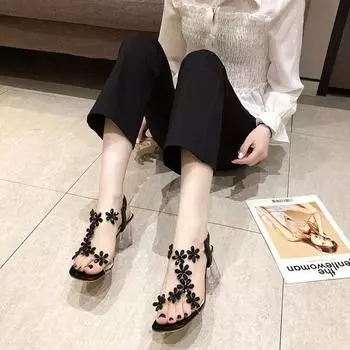 2025 summer new large size fashion women s shoes Korean version casual thick heel flower solid color high heel sandals 34 чёрный