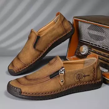 2025 summer new men s casual leather shoes fashion zipper foot cover Doudou shoes foreign trade large size handmade Shoes 38 чёрный