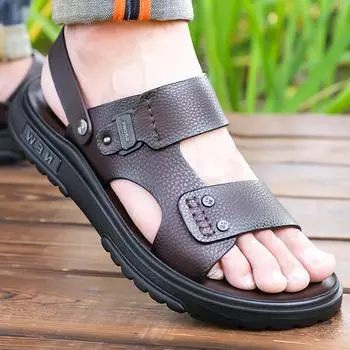2025 summer new men s first layer cowhide beach shoes fashion casual leather slippers men s open-toed sandals 38