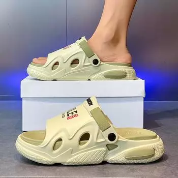 2025 summer new men s slippers thick-soled non-slip one-word drag indoor and outdoor wear casual, comfortable and lightweight two-wear sandals 38 бежевый