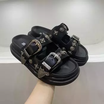 2025 Summer New Metal Buckle Rivet Thick Bottom for Outdoors Open Toe Slippers for Women 35
