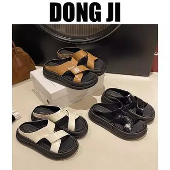 2025 summer new muffin platform slippers women s cross-toe casual one-word drag fashion middle heel sandals 35