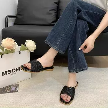 2025 summer new national style cool slippers women s flat bottom wear 35-43 large size fashion one-word slippers 35